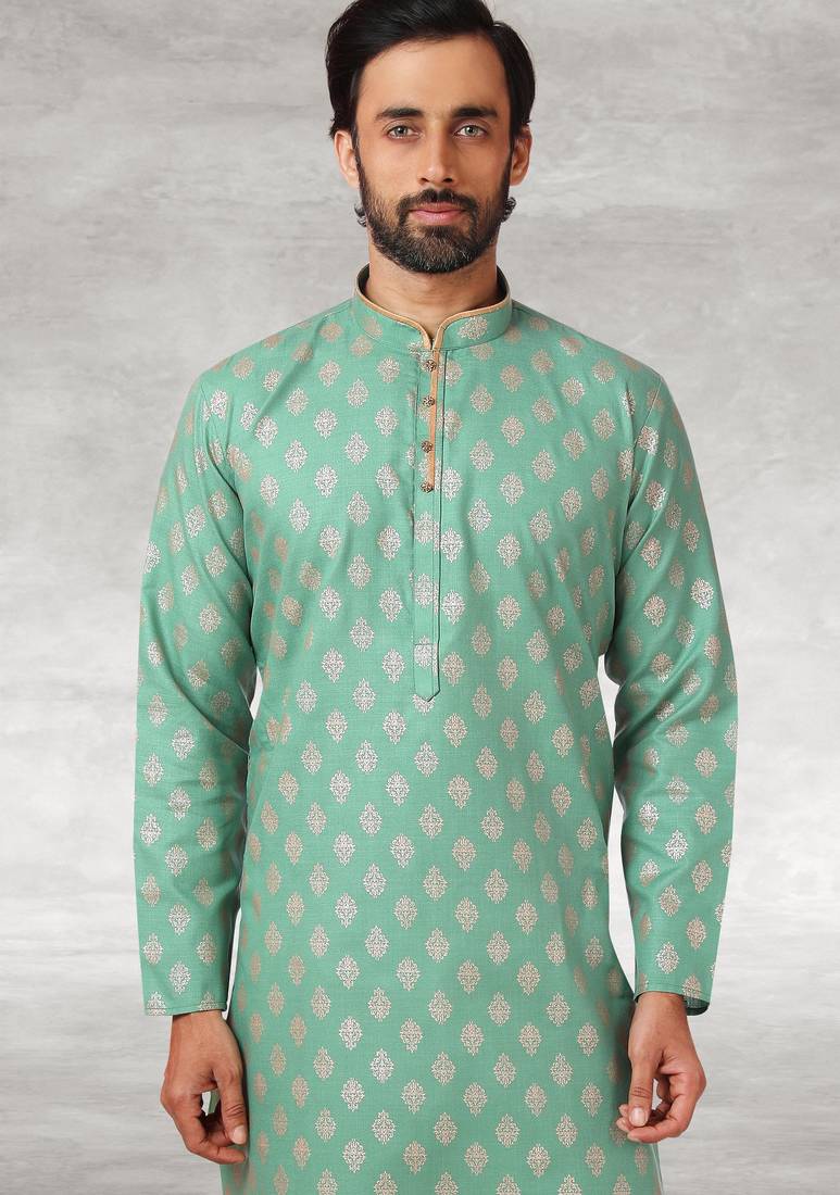 Green printed cotton fabric straight kurta for men