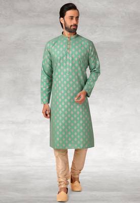 green printed cotton fabric straight kurta churidar for men 3