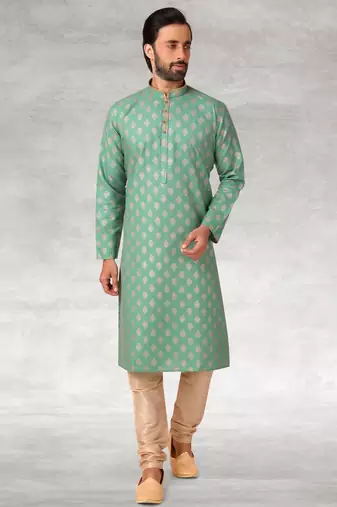 green printed cotton fabric straight kurta churidar for men