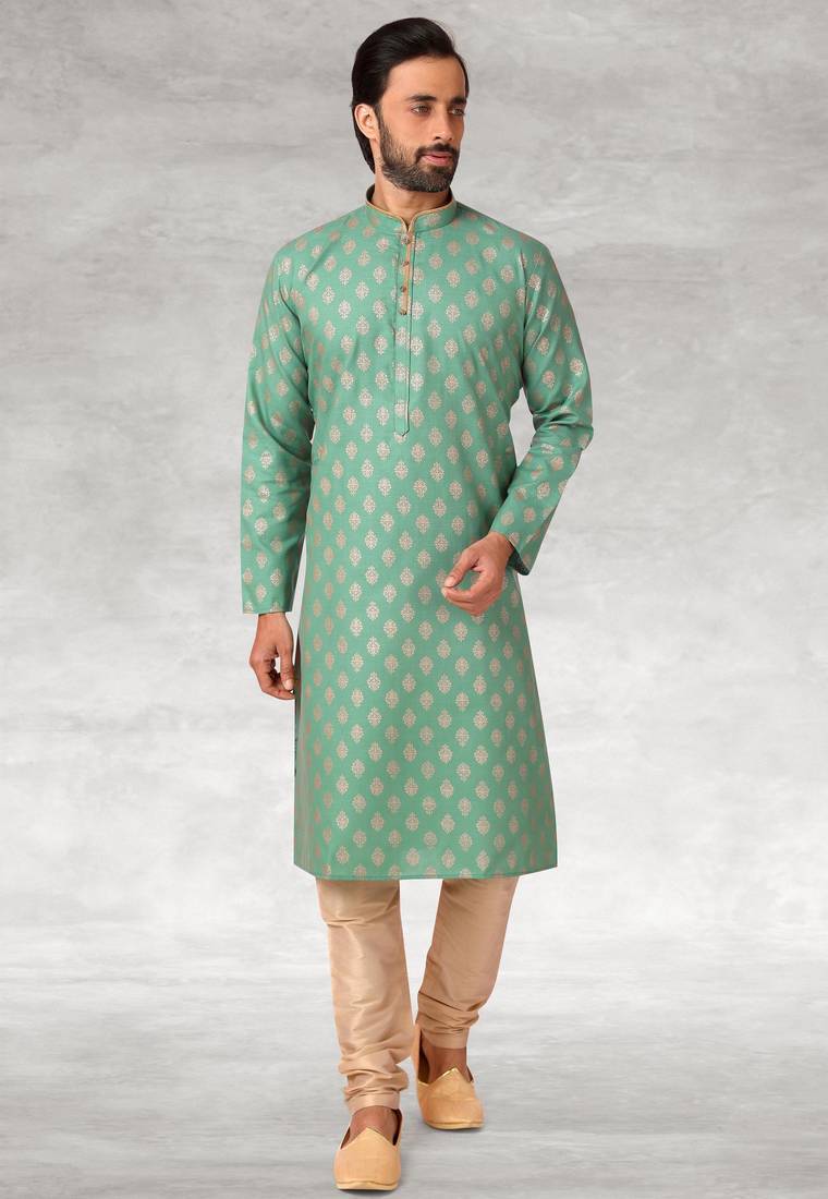 Green printed cotton fabric straight kurta for men