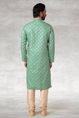 green printed cotton fabric straight kurta churidar for men 4