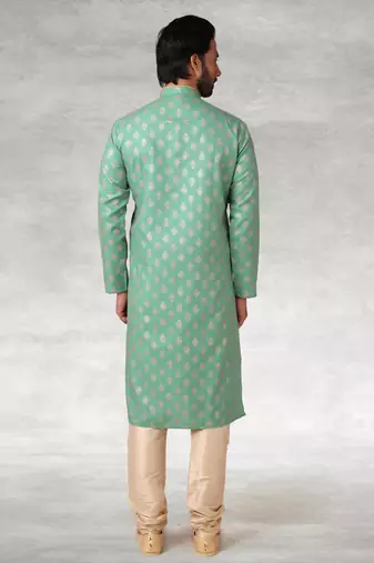 green printed cotton fabric straight kurta churidar for men