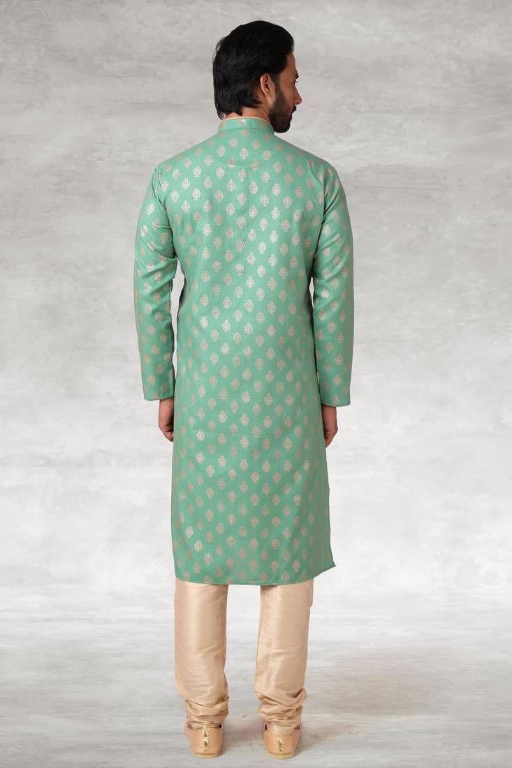 Green printed cotton fabric straight kurta for men
