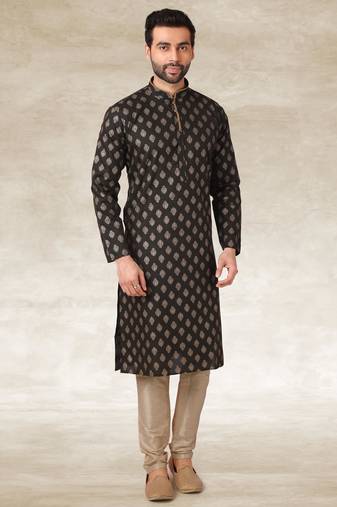 Mehendi green printed cotton fabric straight kurta for men