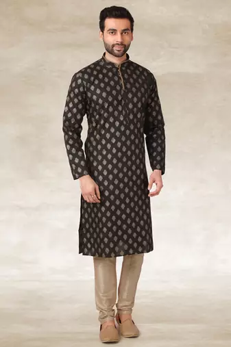 Mehendi green printed cotton fabric straight kurta for men