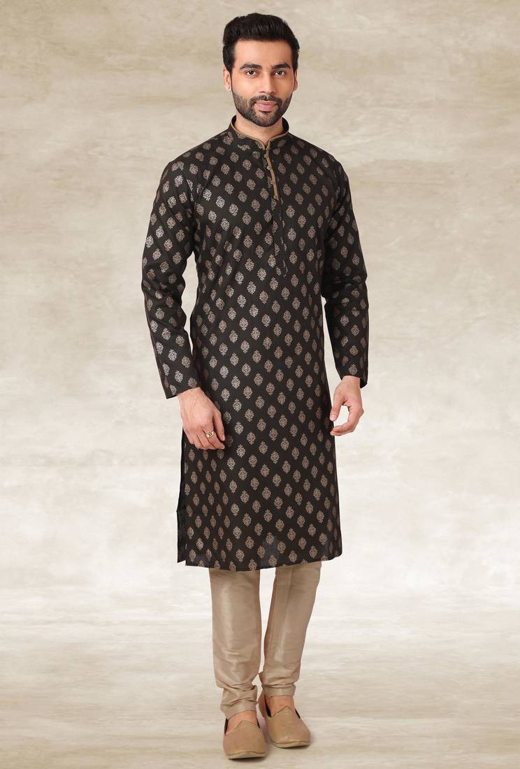 Mehendi green printed cotton fabric straight kurta for men