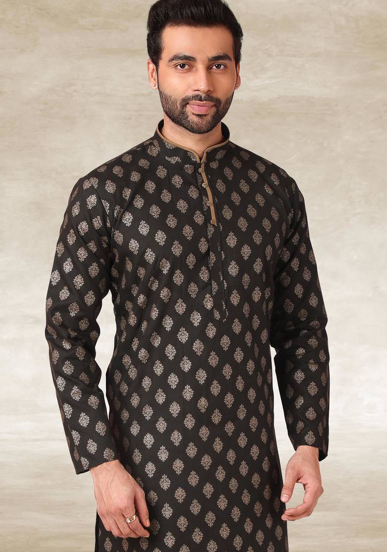 Mehendi green printed cotton fabric straight kurta for men