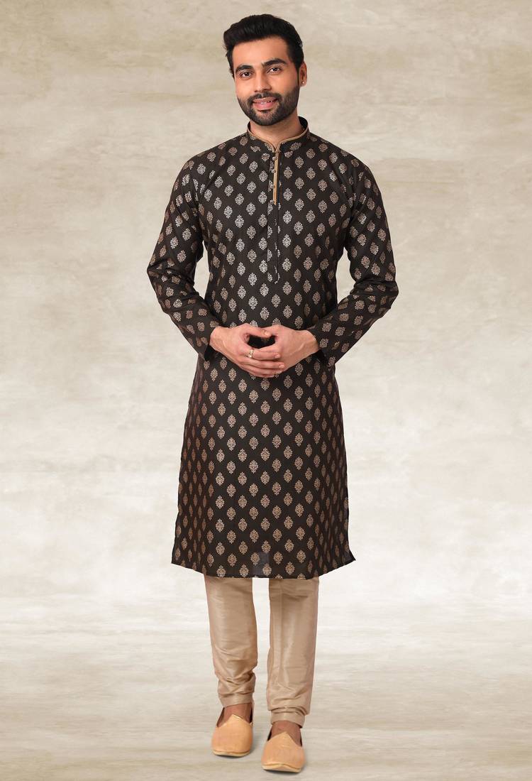 Mehendi green printed cotton fabric straight kurta for men