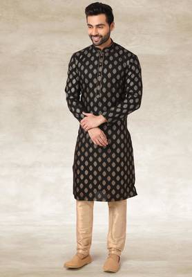 black printed cotton fabric straight kurta churidar for men 1