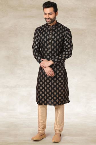 Black printed cotton fabric straight kurta for men