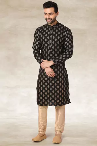Black printed cotton fabric straight kurta for men