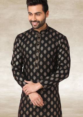 black printed cotton fabric straight kurta churidar for men 2