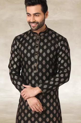 black printed cotton fabric straight kurta churidar for men