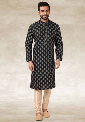black printed cotton fabric straight kurta churidar for men 3