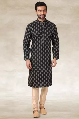 black printed cotton fabric straight kurta churidar for men