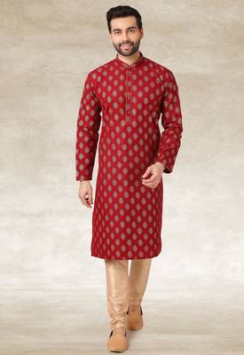 maroon printed cotton fabric straight kurta churidar for men 1