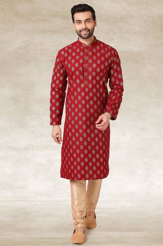 Maroon printed cotton fabric straight kurta for men