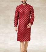 maroon printed cotton fabric straight kurta churidar for men
