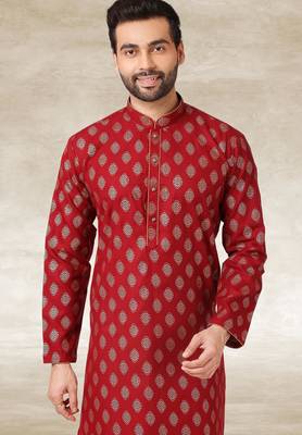 maroon printed cotton fabric straight kurta churidar for men 2