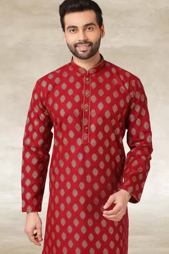 maroon printed cotton fabric straight kurta churidar for men