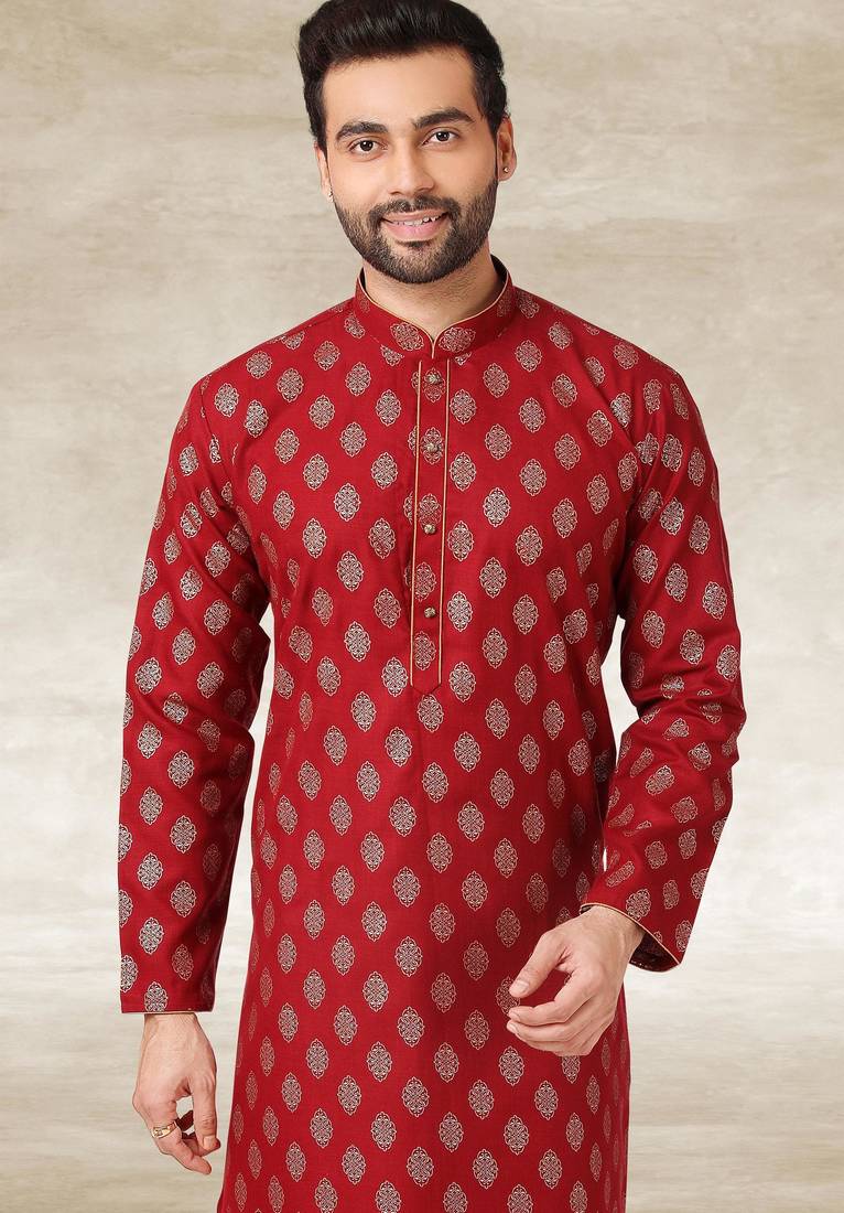 Maroon printed cotton fabric straight kurta for men