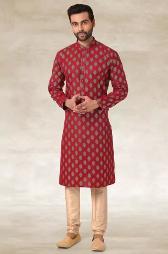 maroon printed cotton fabric straight kurta churidar for men