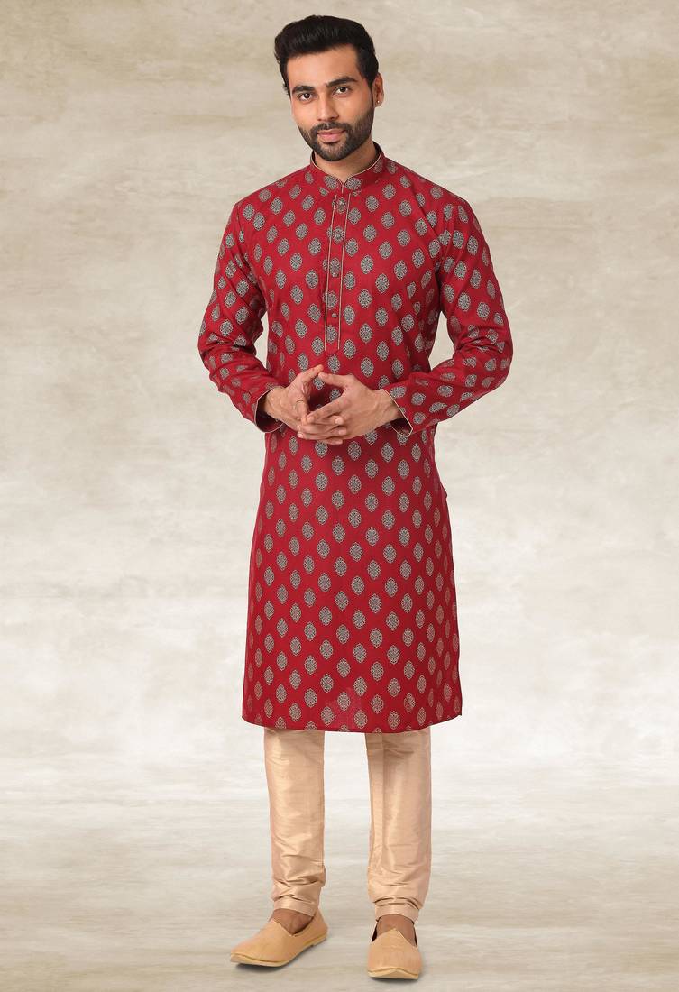 Maroon printed cotton fabric straight kurta for men