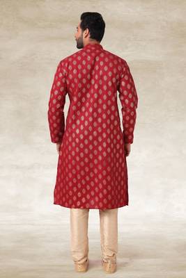 maroon printed cotton fabric straight kurta churidar for men 4