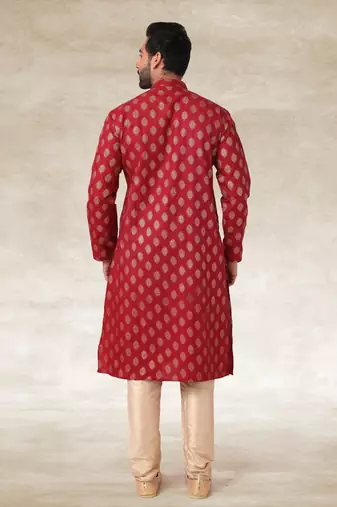 maroon printed cotton fabric straight kurta churidar for men