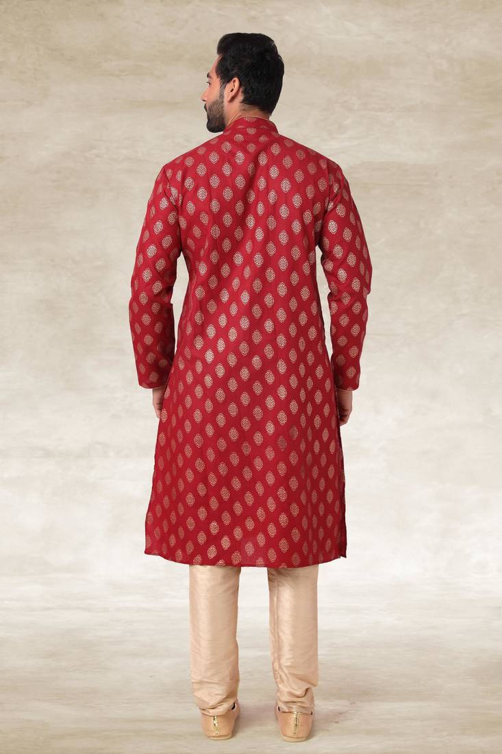 Maroon printed cotton fabric straight kurta for men