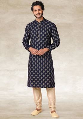 navy blue printed cotton fabric straight kurta churidar for men 1