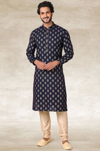 Navy blue printed cotton fabric straight kurta for men
