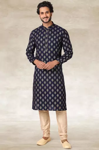 Navy blue printed cotton fabric straight kurta for men