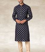 navy blue printed cotton fabric straight kurta churidar for men