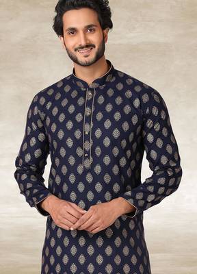 navy blue printed cotton fabric straight kurta churidar for men 2
