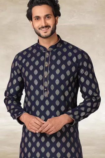 navy blue printed cotton fabric straight kurta churidar for men