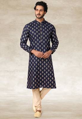 navy blue printed cotton fabric straight kurta churidar for men 3