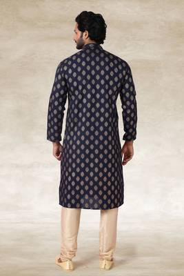 navy blue printed cotton fabric straight kurta churidar for men 4