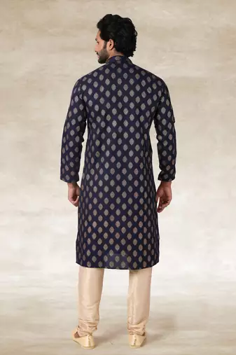 navy blue printed cotton fabric straight kurta churidar for men