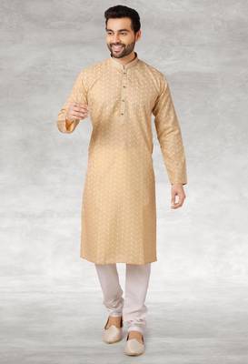 beige printed cotton fabric straight kurta churidar for men 1