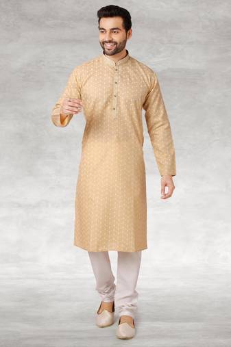 Beige printed cotton fabric straight kurta for men
