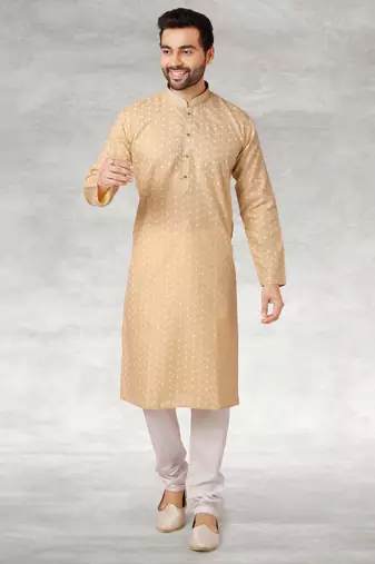 Beige printed cotton fabric straight kurta for men