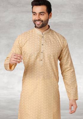 beige printed cotton fabric straight kurta churidar for men 2