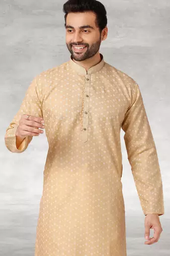 beige printed cotton fabric straight kurta churidar for men