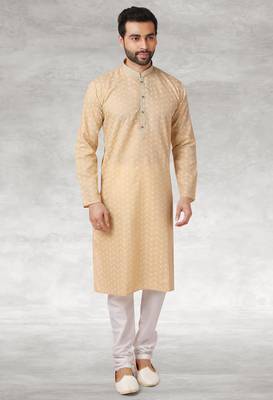 beige printed cotton fabric straight kurta churidar for men 3