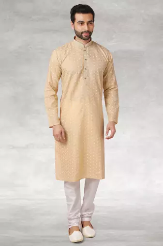 beige printed cotton fabric straight kurta churidar for men