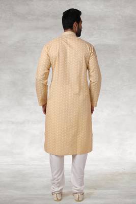 beige printed cotton fabric straight kurta churidar for men 4