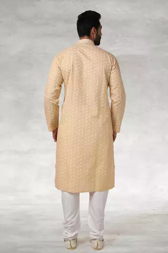 beige printed cotton fabric straight kurta churidar for men
