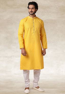yellow printed cotton fabric straight kurta churidar for men 1