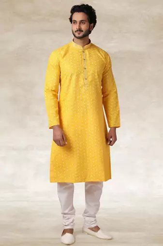 Yellow printed cotton fabric straight kurta for men